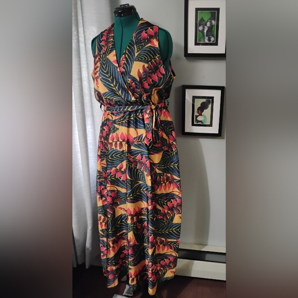Coolples Tropical Printed V-Neck Sleeveless Maxi Dress, Sz L - Picture 2 of 14